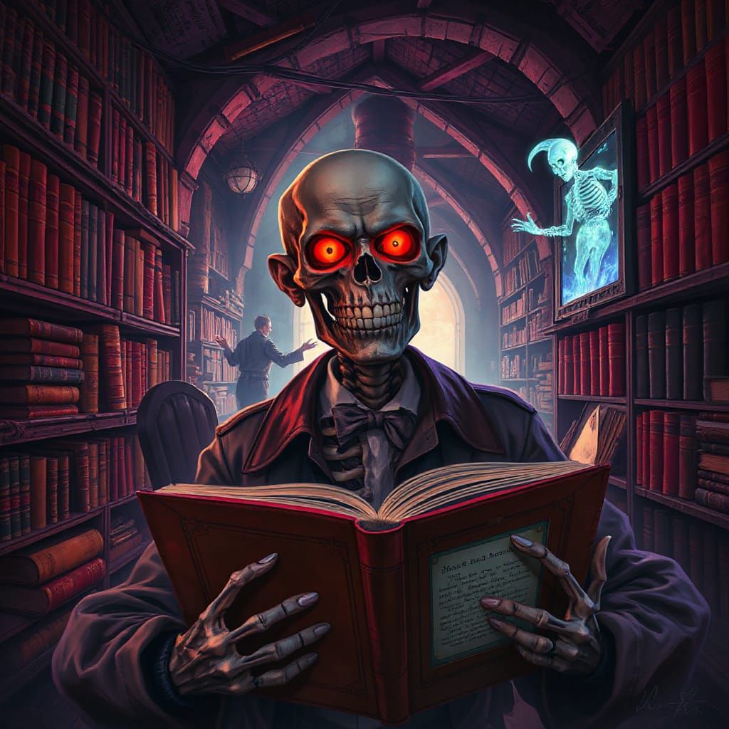 Sinister Skeletal Historian in Otherworldly Library