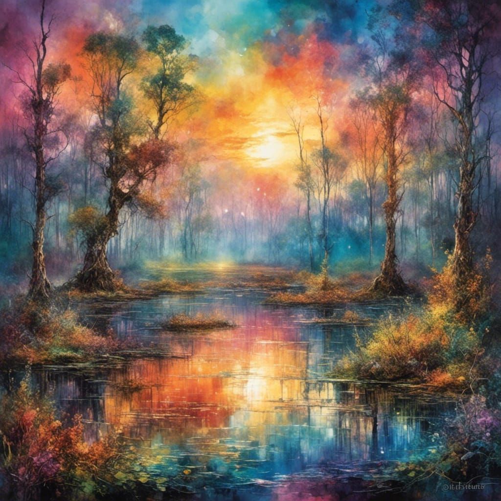 Rainbow Sunset Reflecting in Swamp Forest