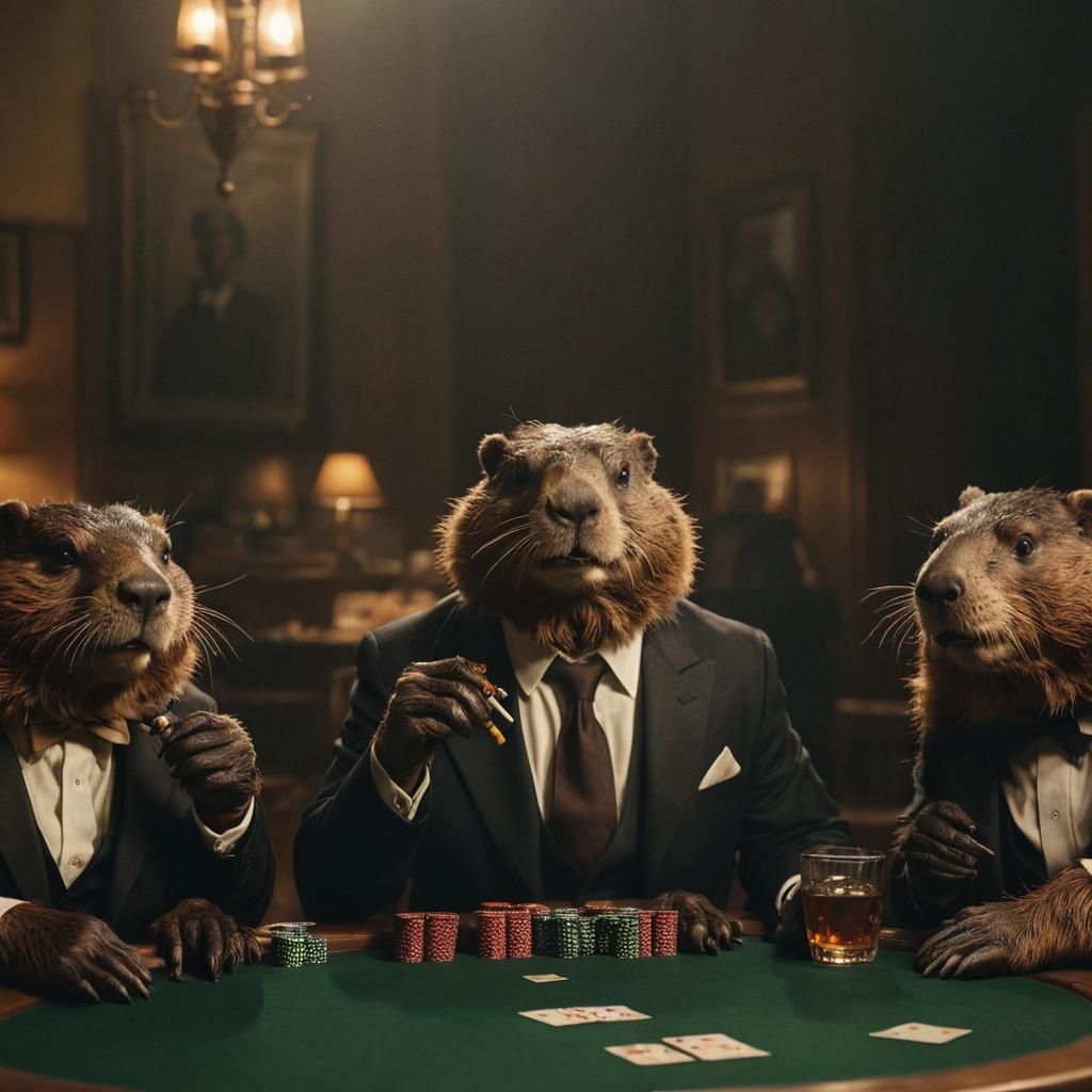Beavers Playing Poker in a Noir Film Still