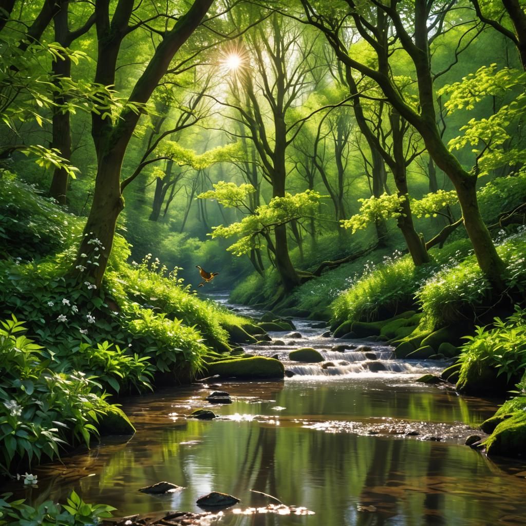Idyllic Spring Forest Scene with Dynamic Lighting
