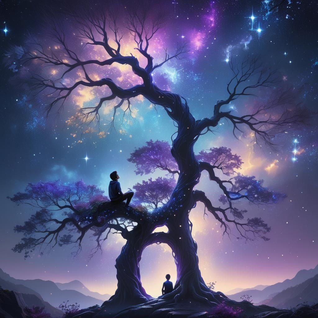 Boy Stares at Starry Tree: Fantasy Concept Art