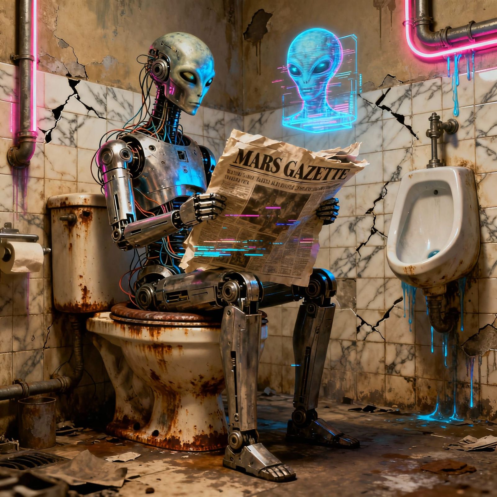 Robot Reads Newspaper in Decadent Alien Bathroom