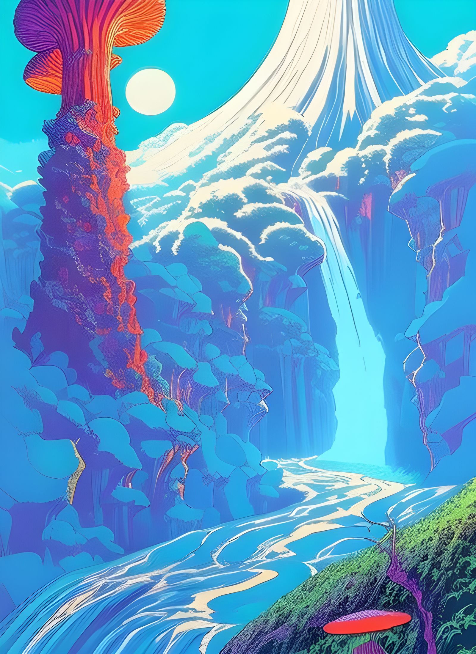 Neon Mushroom Tree in Midnight Fantasy Landscape