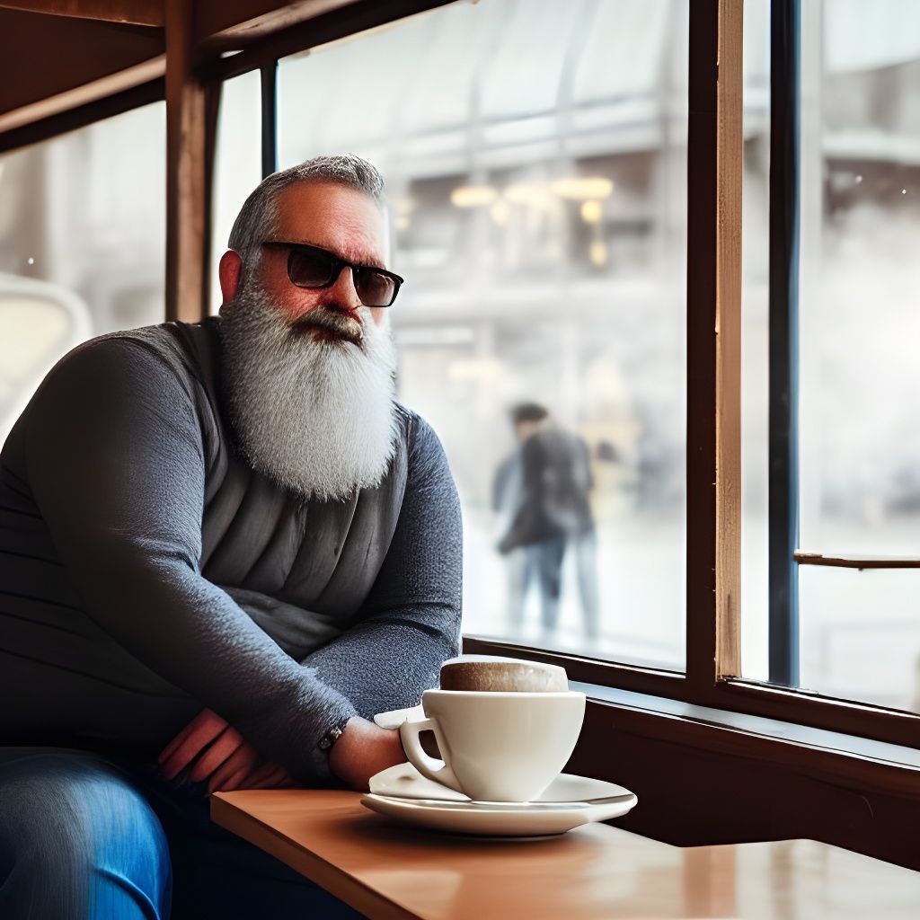 Peaceful Man Contemplating Coffee in Hyperrealistic Cafe