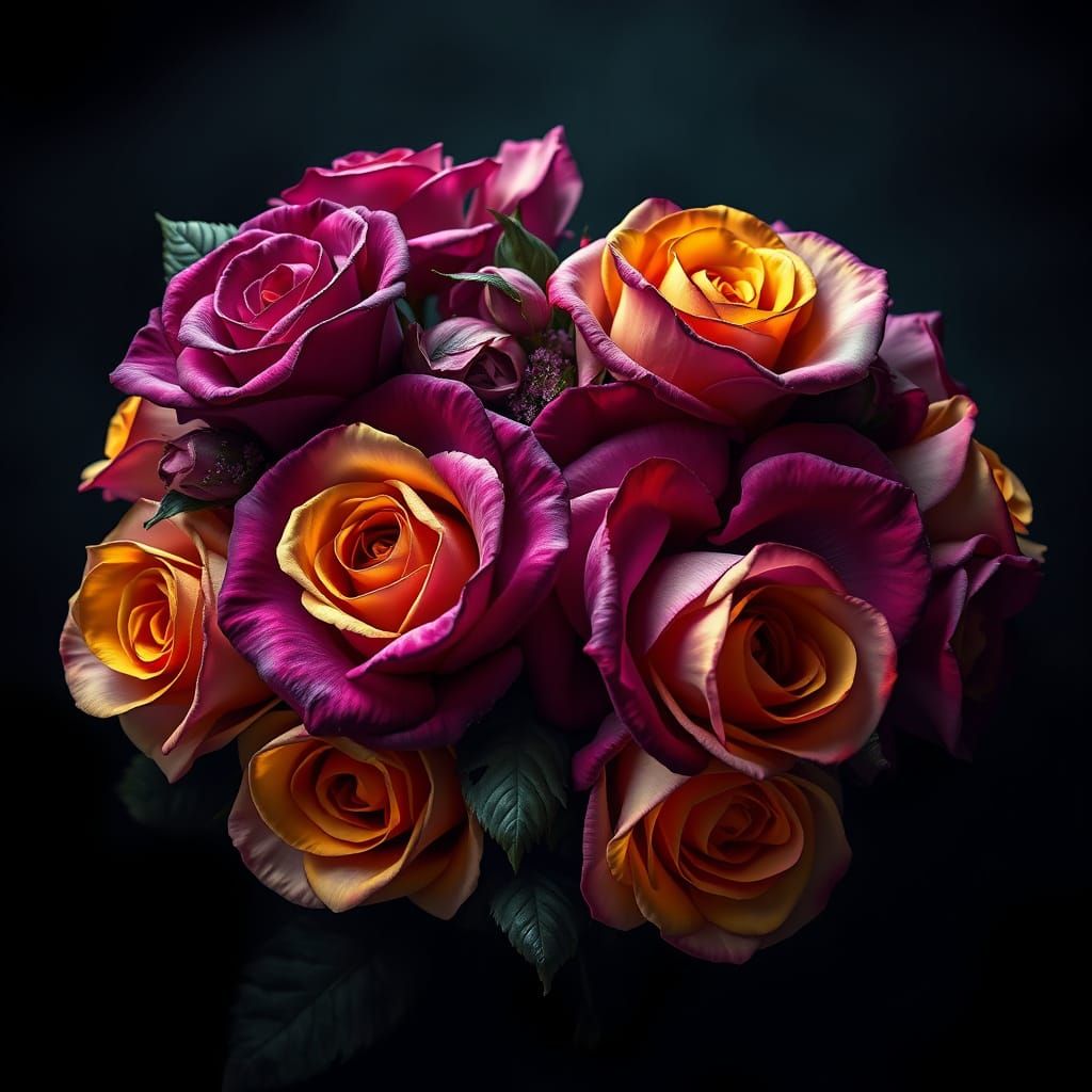 Dark Fantasy Floral Heart Roses in Regal Purple and Sunshine...