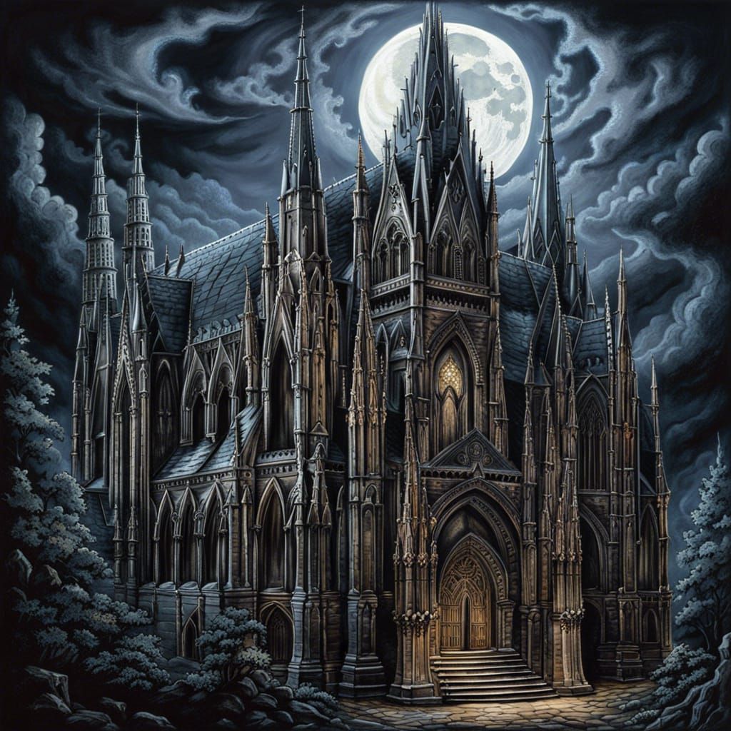 Eerie Gothic Cathedral with Carved Gargoyles