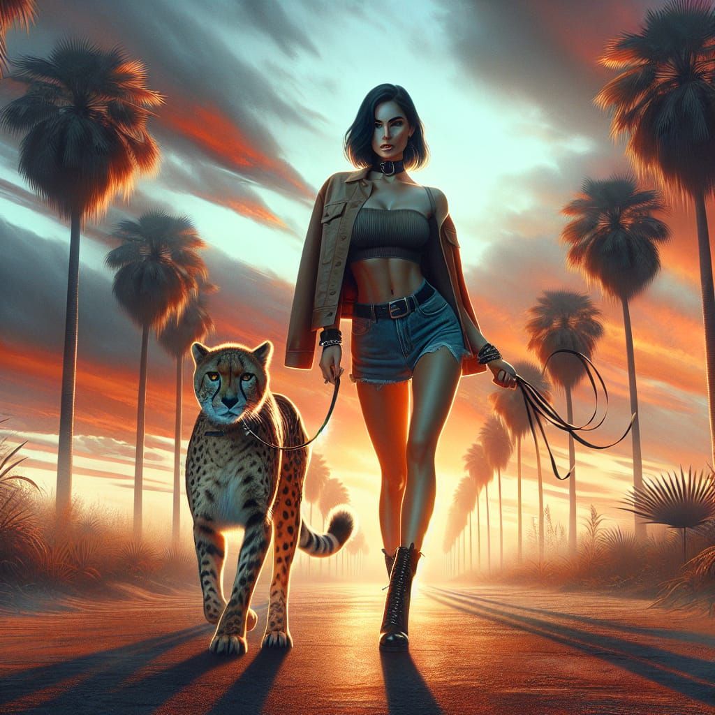 Woman Walking Cheetah at Sunset: Matte Oil Painting
