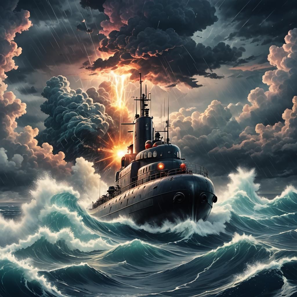 Submarine in Raging Ocean: Cinematic Anime Style