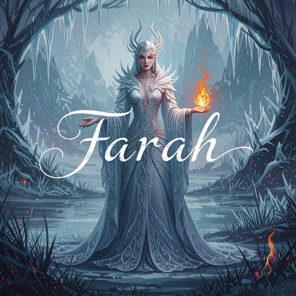 Ice and Fire Goddess in Mystical Landscape