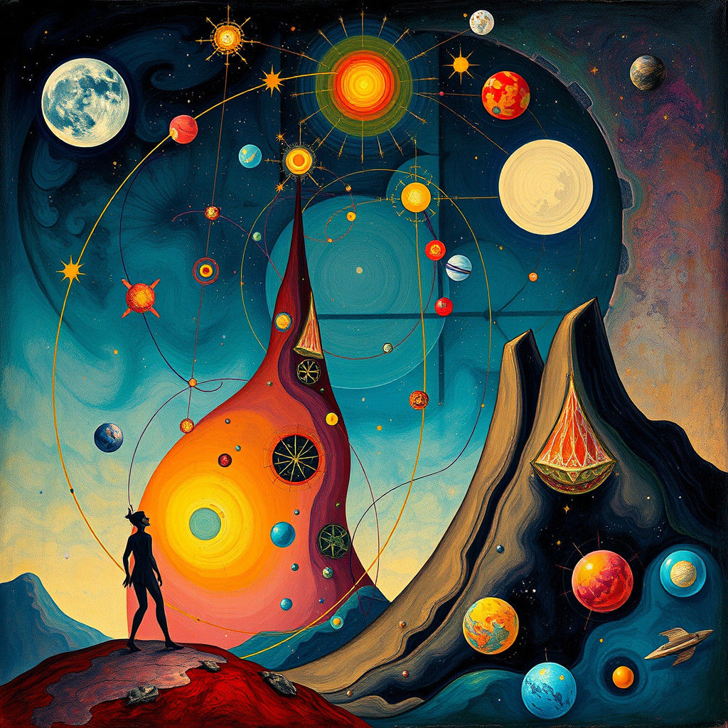 Surreal Steampunk Cosmic Illustration in Miro Style