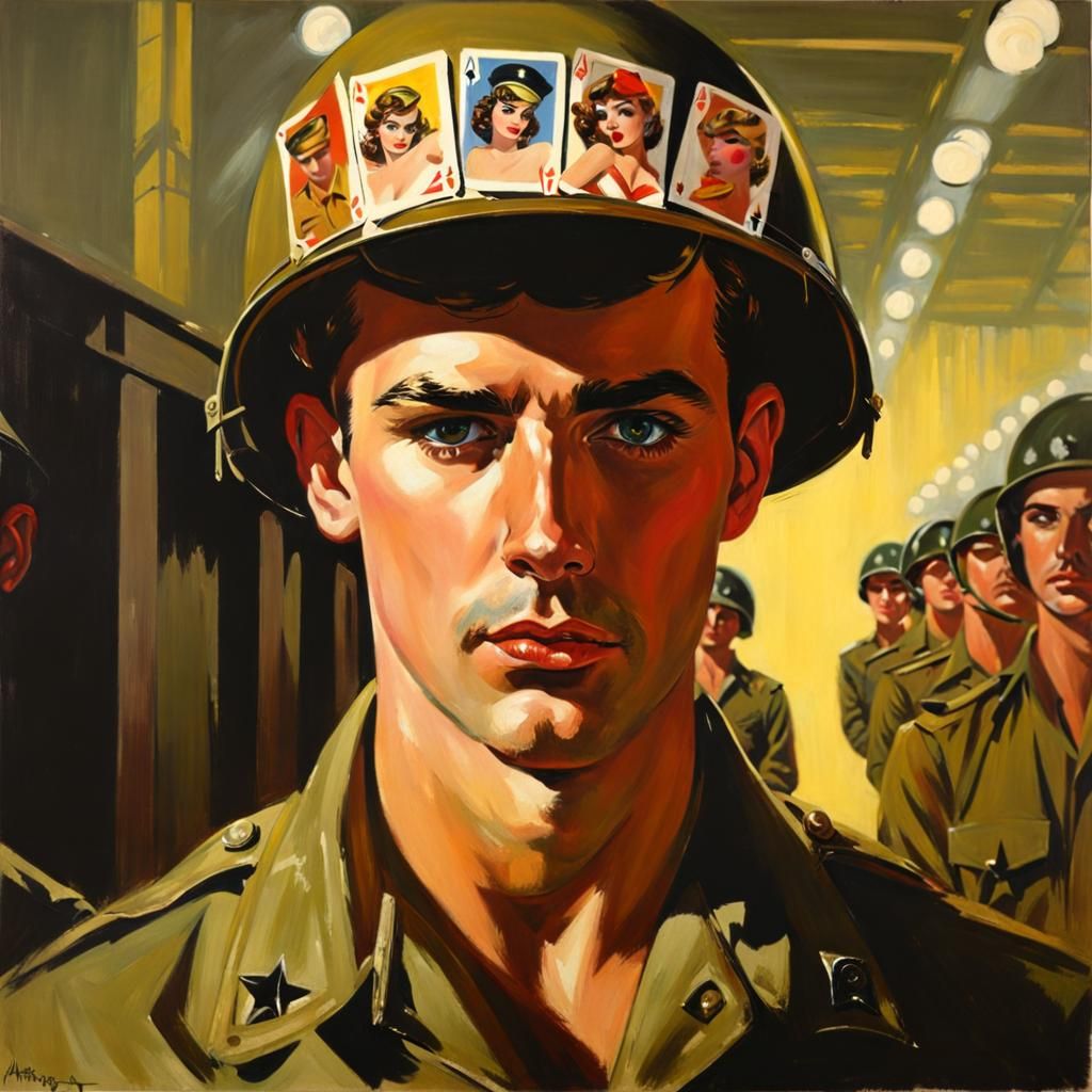 Soldier with Pinup Cards, Golden Age Illustration