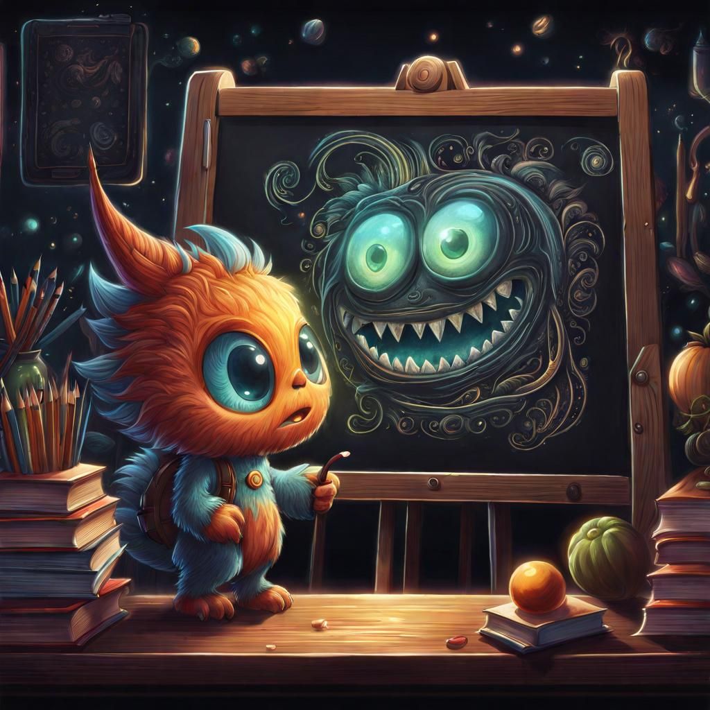 Cute Chibi Monster Draws on Blackboard, Mezzotint Painting