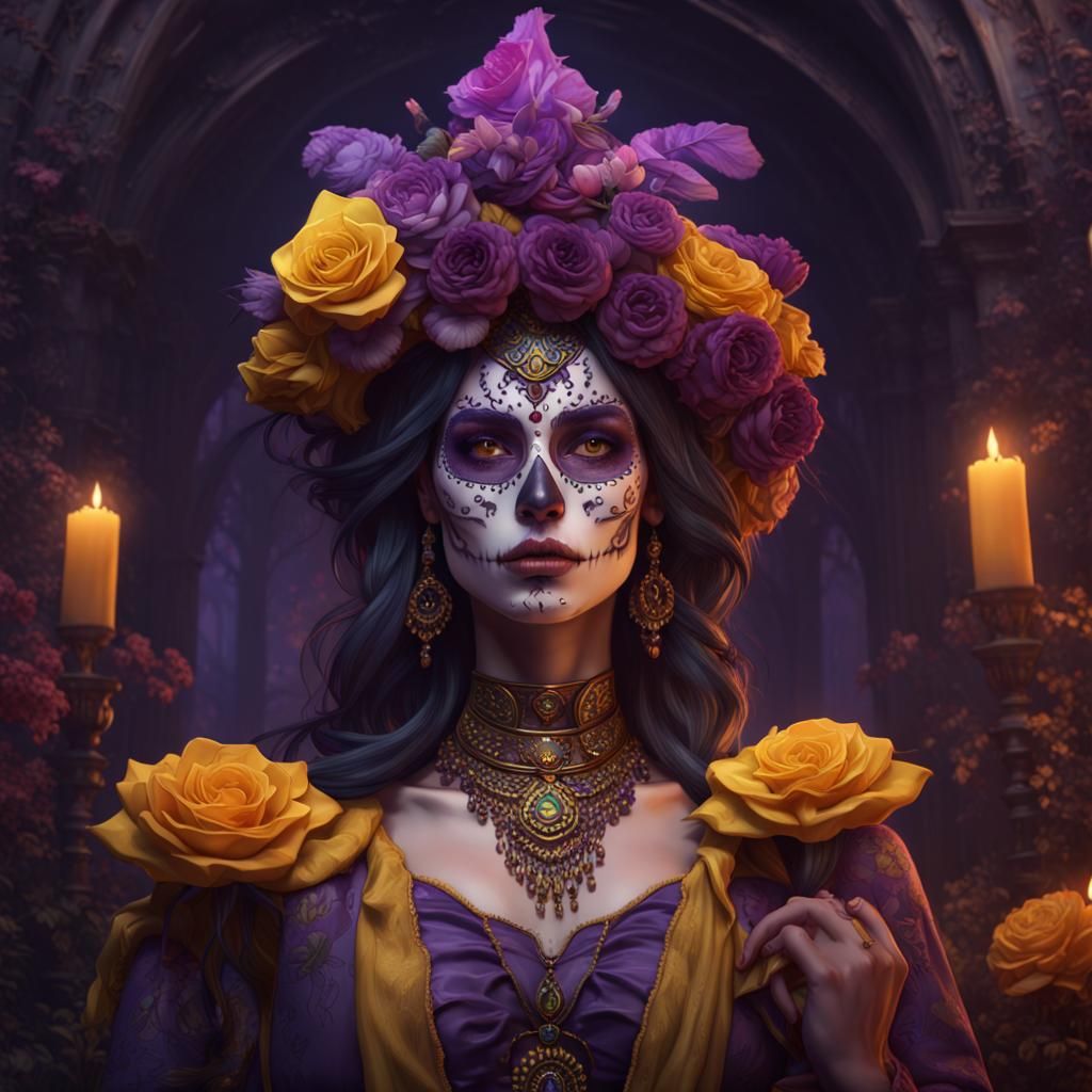 Dark Fantasy Catrina Portrait in Style of Alphonse Mucha