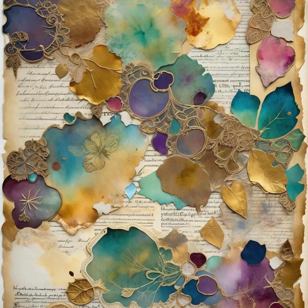 Antique Hearts Collage with Watercolor and Gold Accents