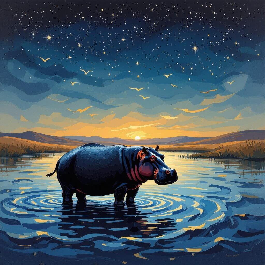 Hippopotamus at Night in Nile Landscape Impasto Gouache