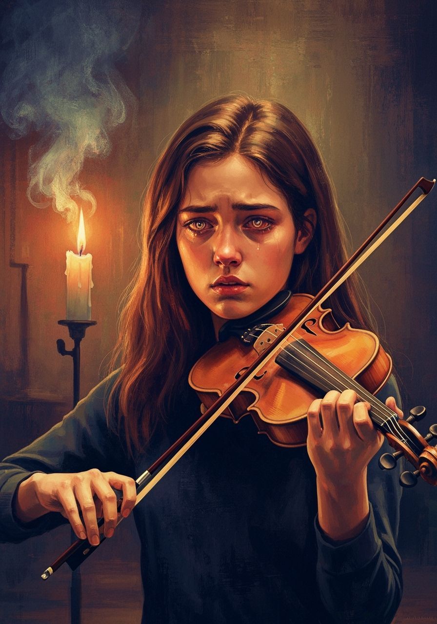 Violinist Pauses in Candlelight, in Impressionistic Style