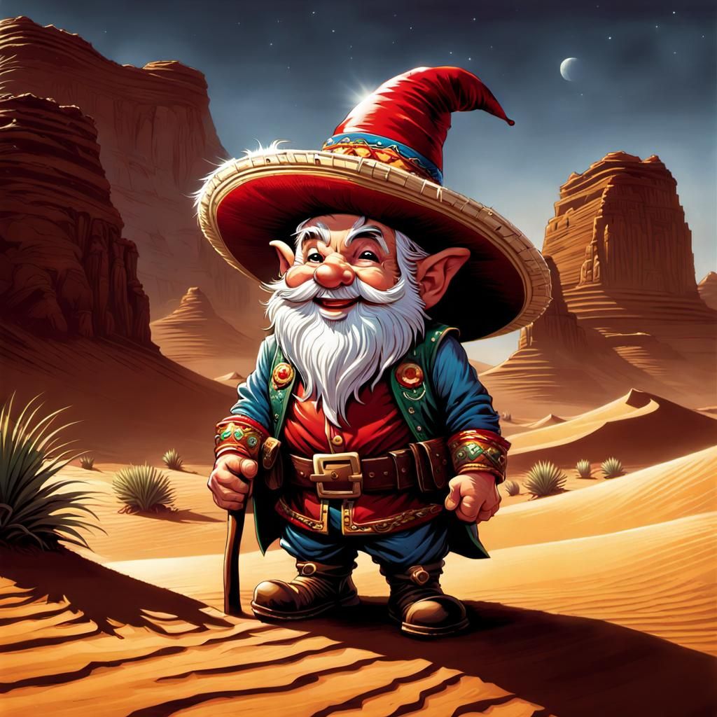 Happy Gnome Portrait in Desert Comic Book Art