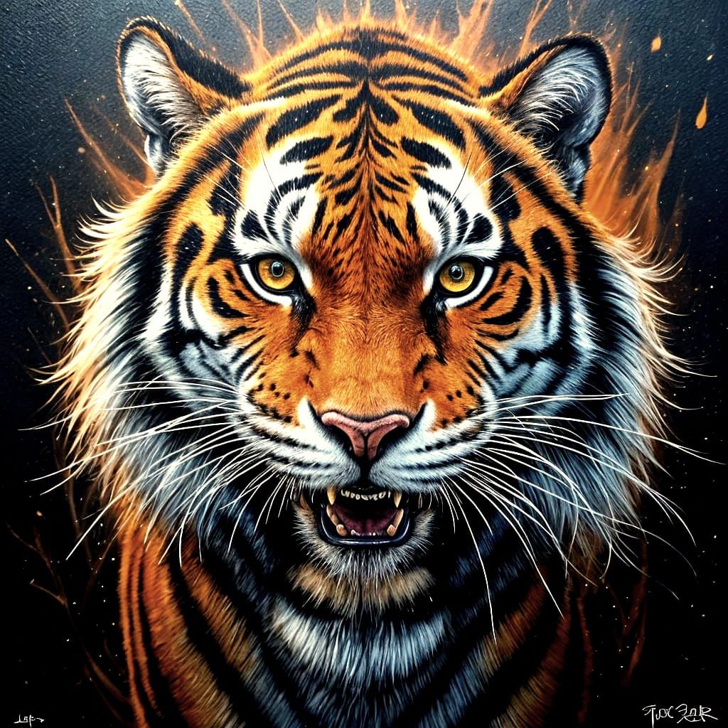 Tiger Graffiti Art in a Dark Forest