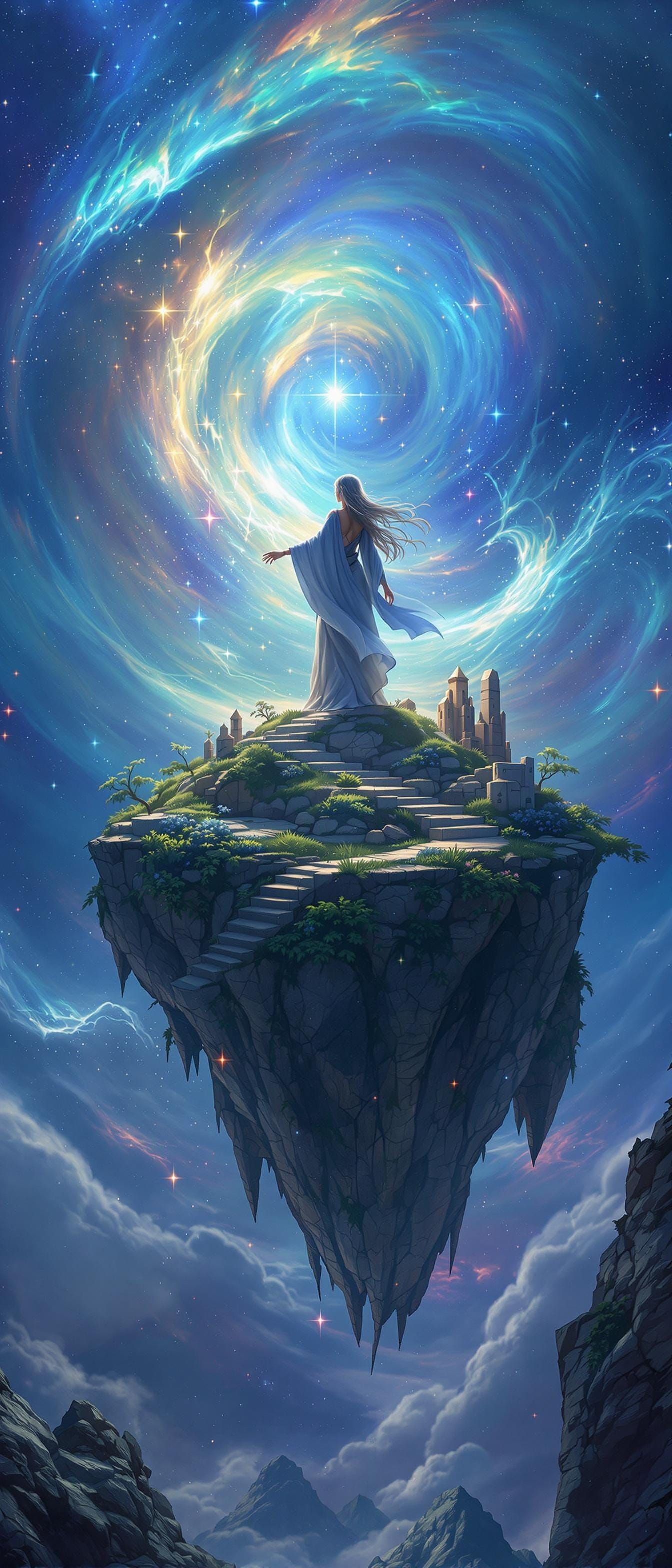 Elven Sorceress on Floating Island in Nebula