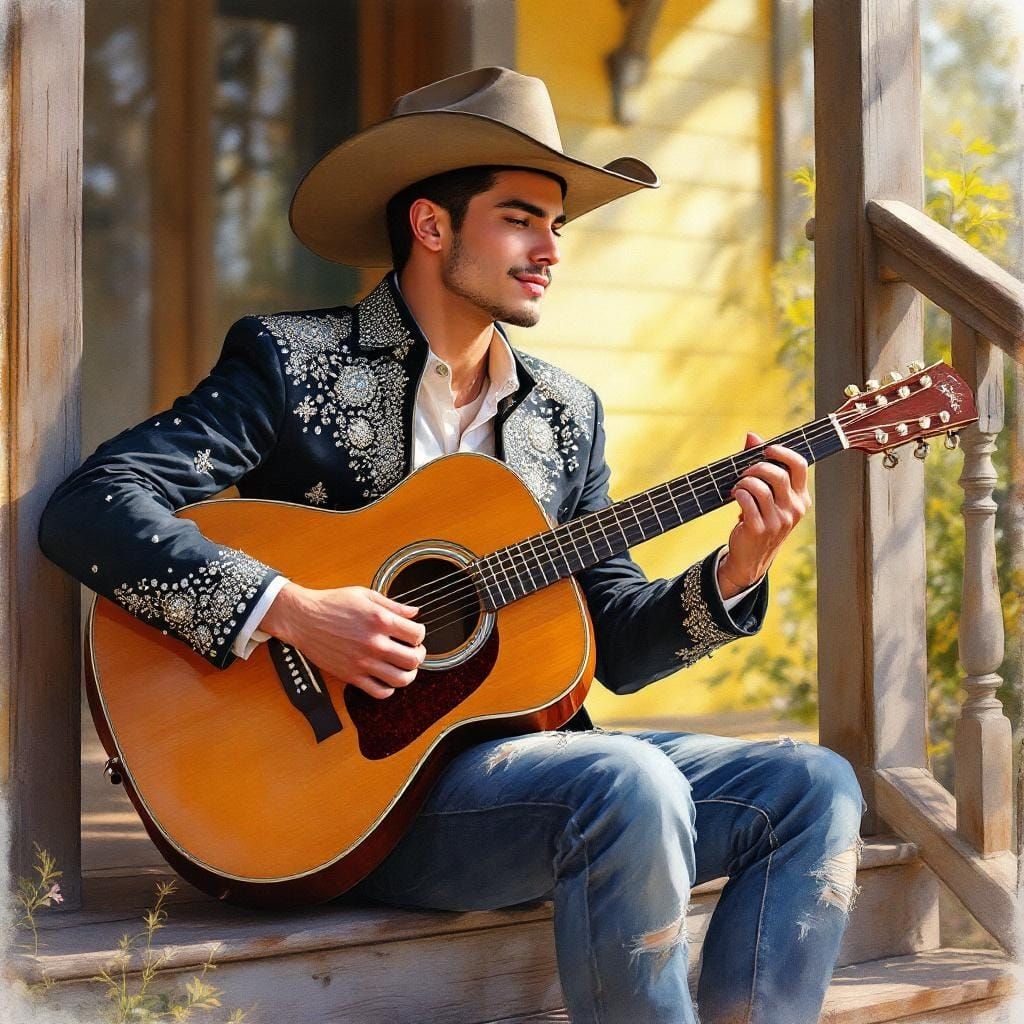 Gay Latino Cowboy Serenade in Watercolor Style