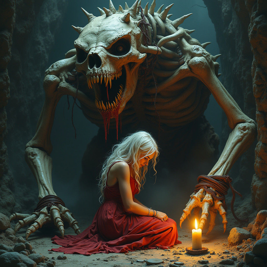 Woman in Beast Skeleton, Dark Fantasy Illustration
