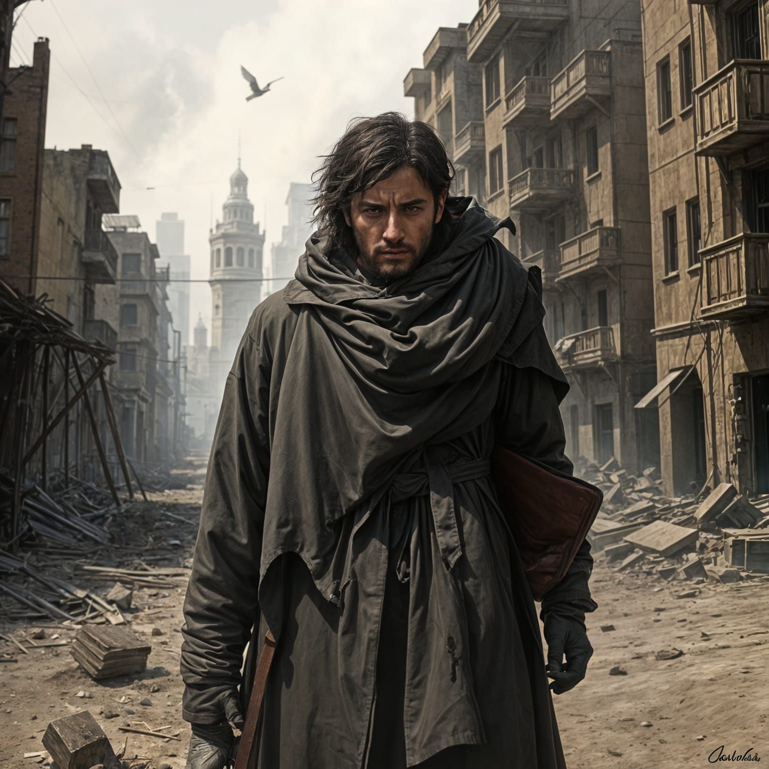 A Resolute Figure Stands Firm in a War-Torn Landscape