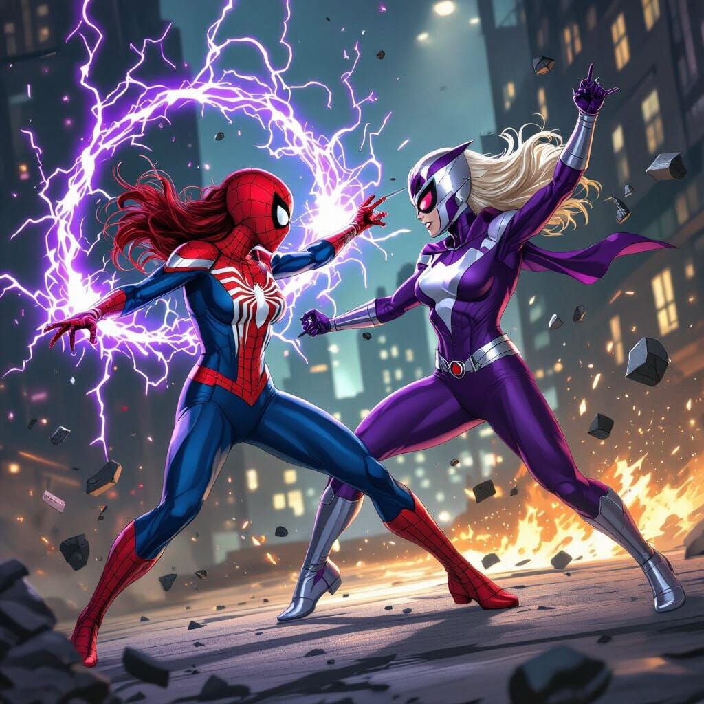 Spiderman vs Magneto: Epic Comic Battle in Cityscape