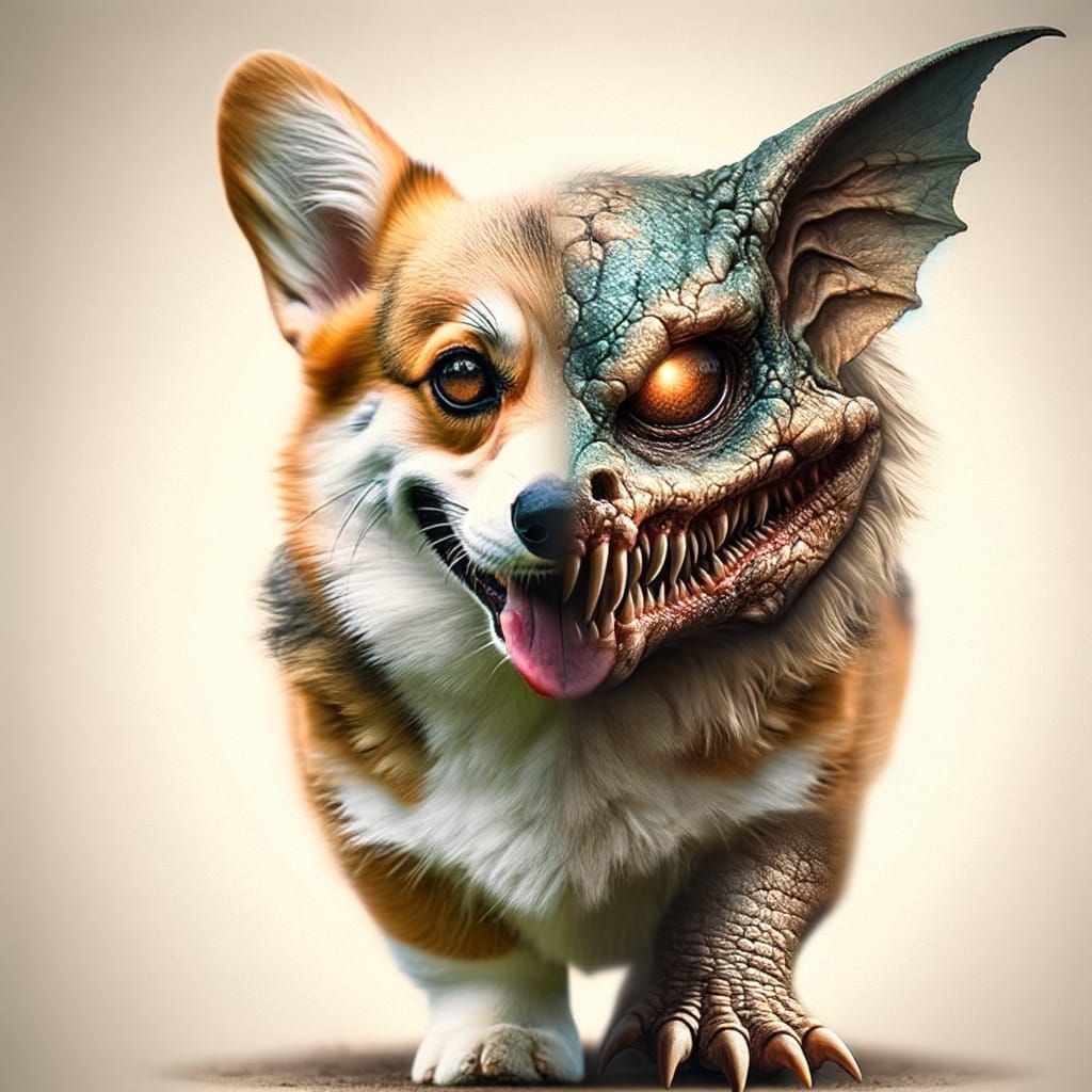 Corgi Chupacabra Hybrid with Glowing Eyes
