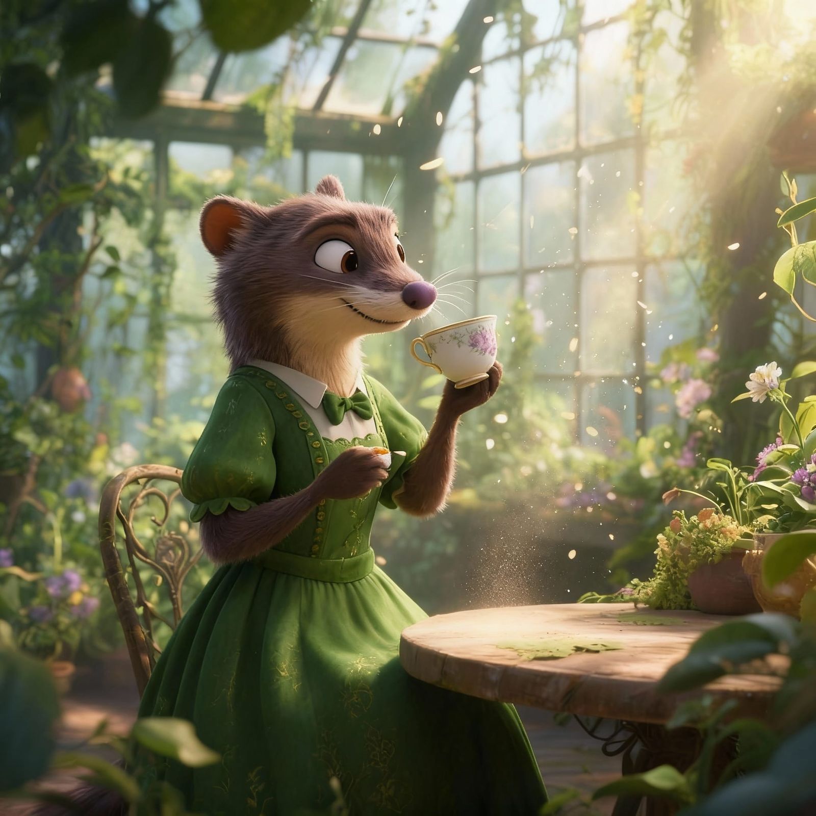 Disney Pixar Style Weasel Sips Tea in Greenhouse