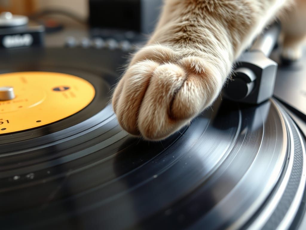 Photorealistic Macro Shot: Cat DJ Scratching Vinyl