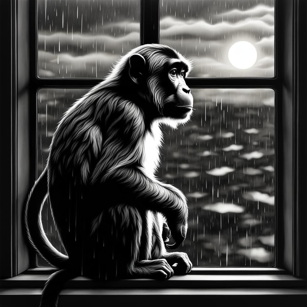 Monochromatic Monkey Gazing at Rainy Sunset