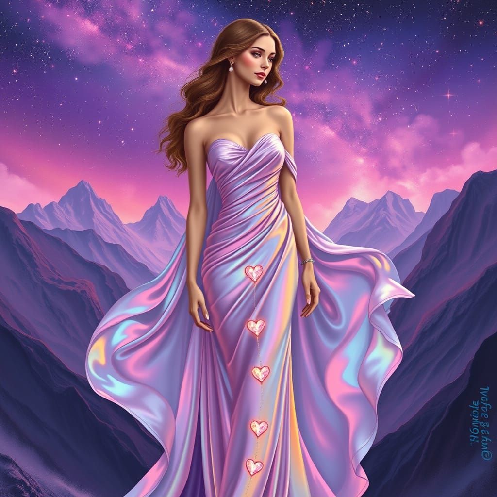 A whimsical woman with an elegant, flowing gown made of irid...