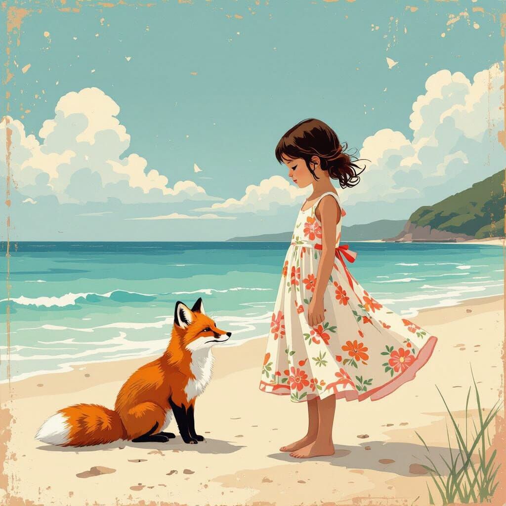 Girl and Fox on Beach in Fantasy Art Style