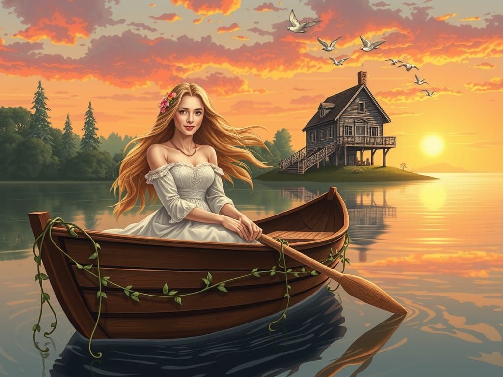 Ethereal Maiden Sails Tranquil River at Sunset