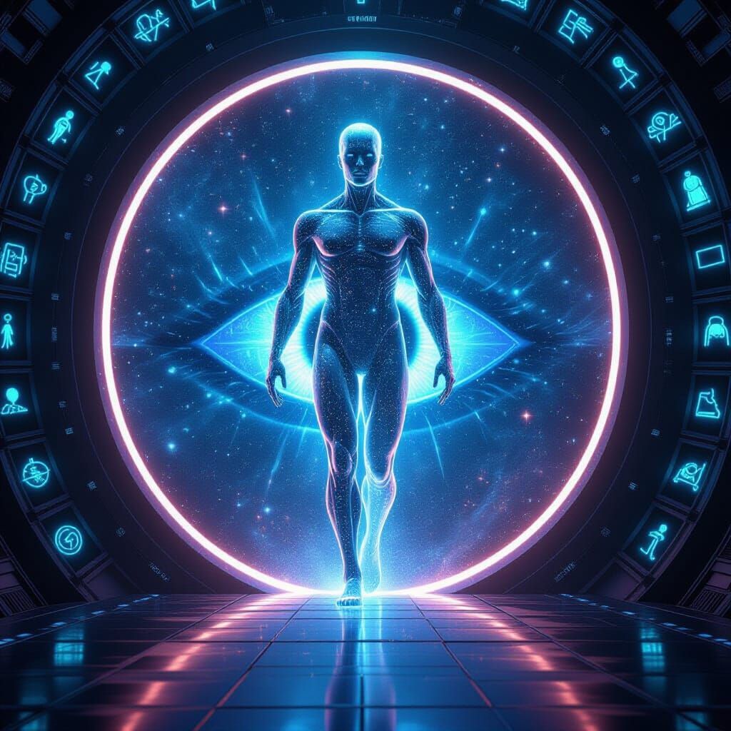 Cosmic Stardust Figure Emerges from Eye Gateway