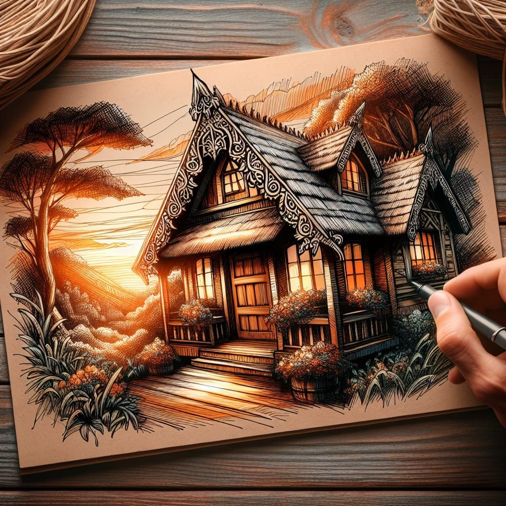 Cozy Home in Storybook Filigree Pen Illustration