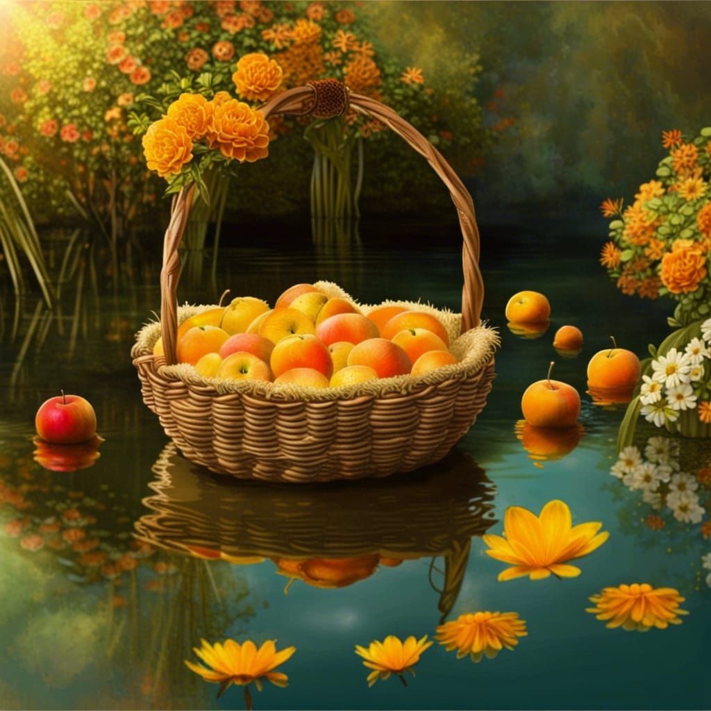 Basket of Apples and Bread in Pond