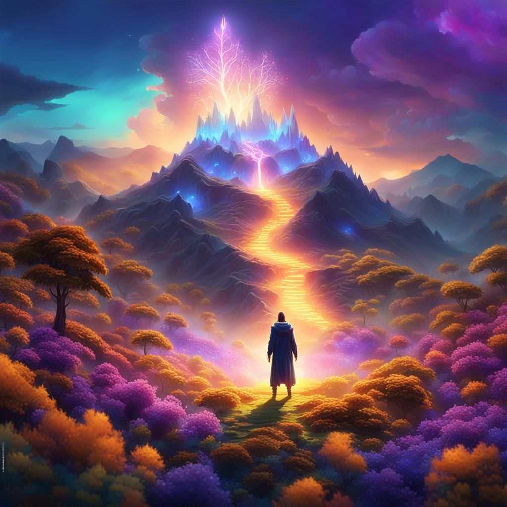 Mystical Being on Iridescent Mountain: Fantasy Art