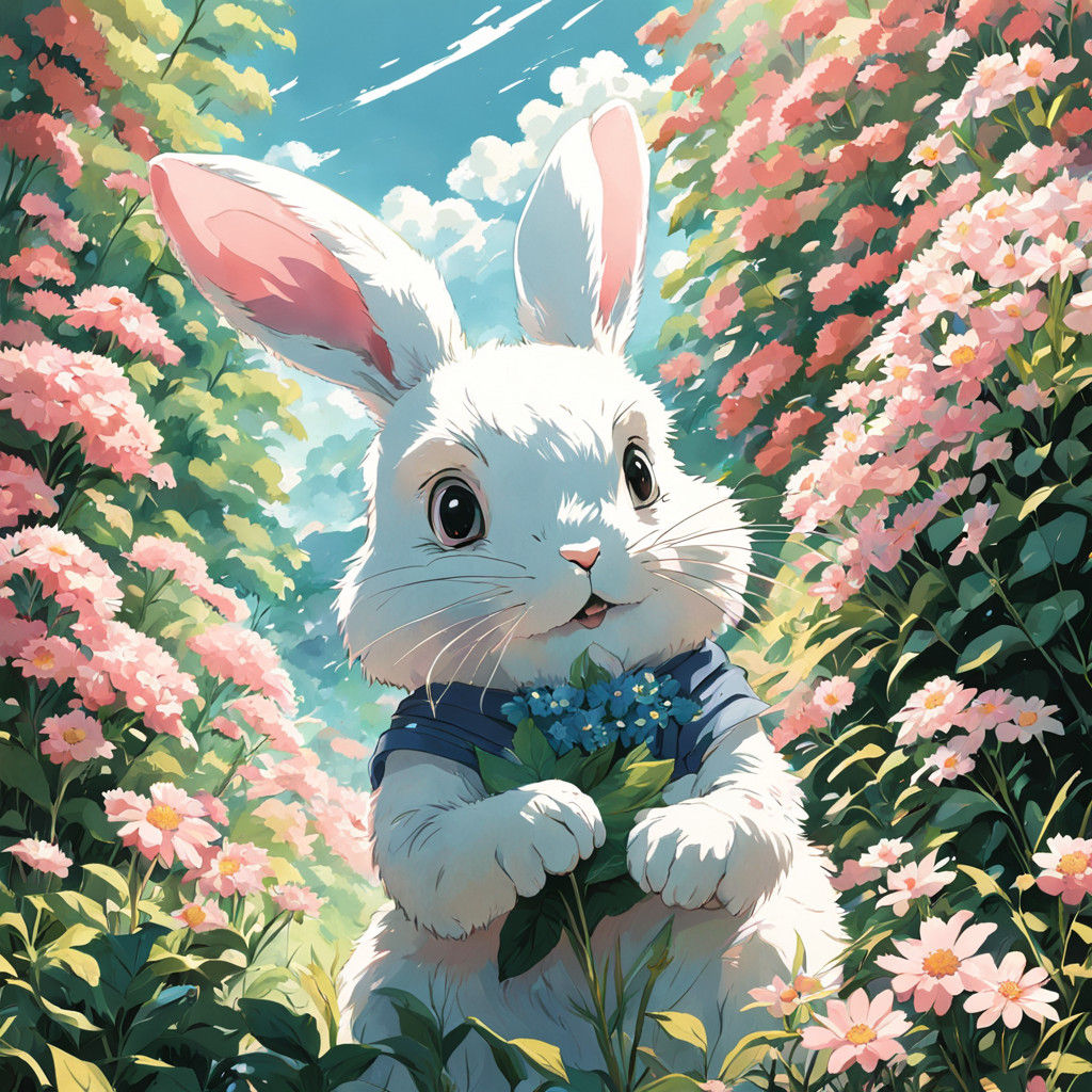 Vibrant Bunny Surrounded by Pink Blossoms