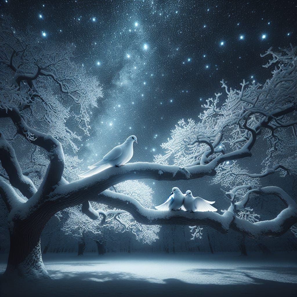 Tranquil Winter Night Sky with Harmonious Doves in Oak Tree