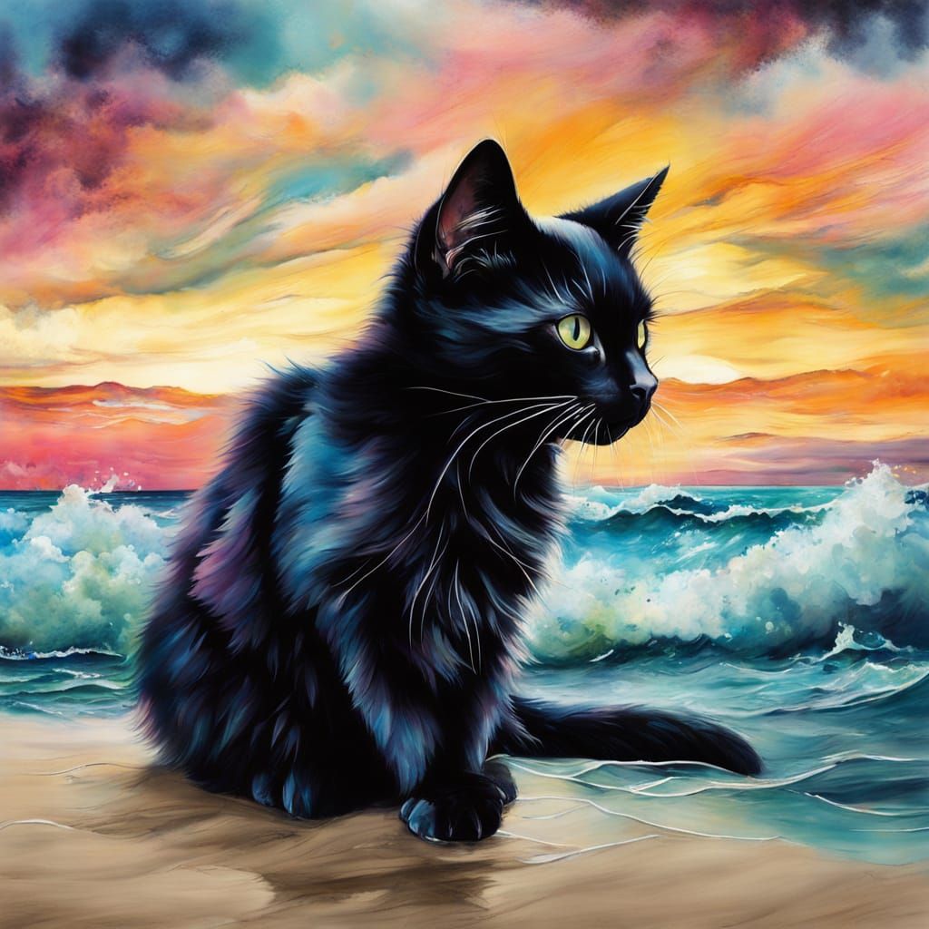 Whimsical Cat Seaside Scene in Pastel Colors