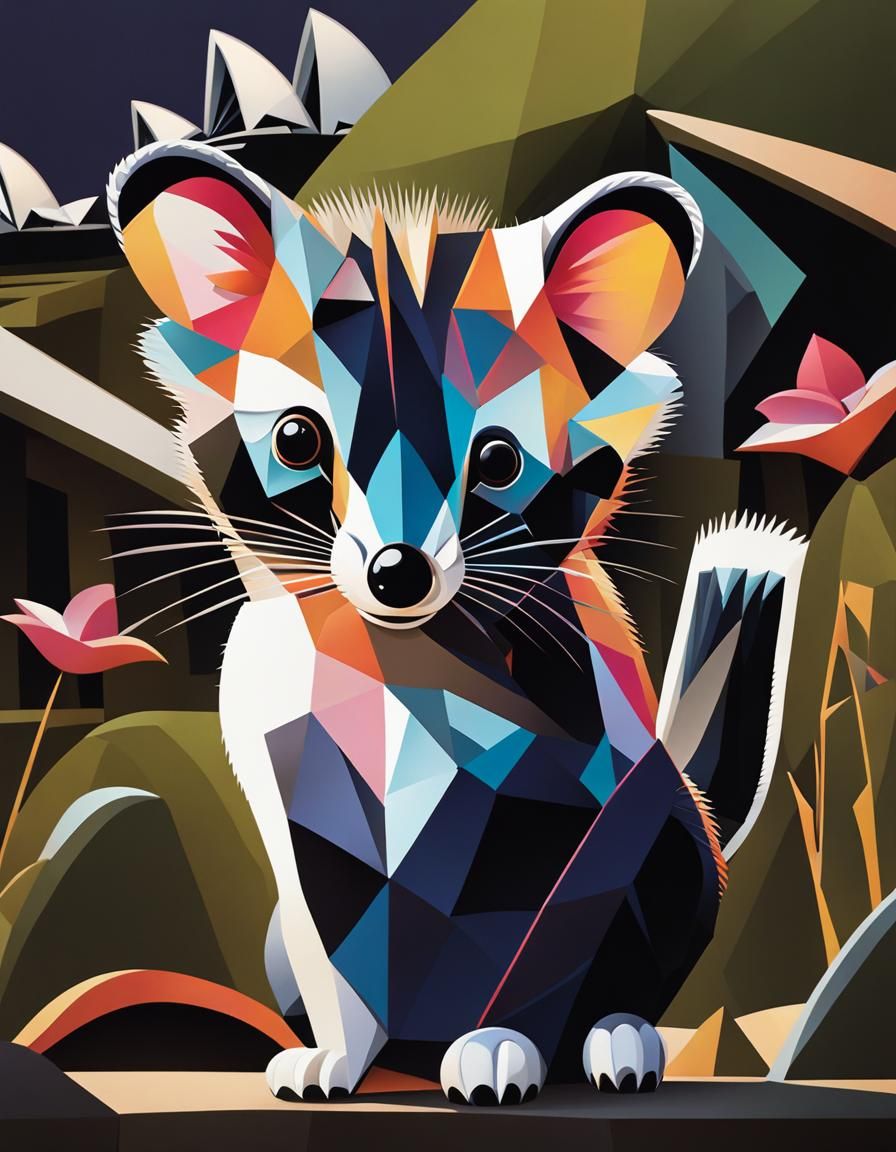 ""(cubism ultra bright psychedelic colours many Australian quoll walking in front of Sydney opera house 1.5) cubist pain...