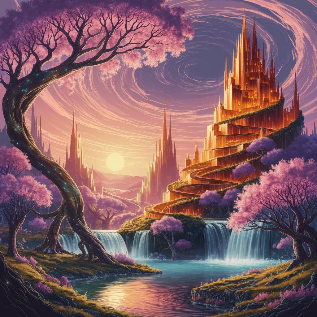 Fantasy Landscape at Sunset in Mucha & Ghibli Style