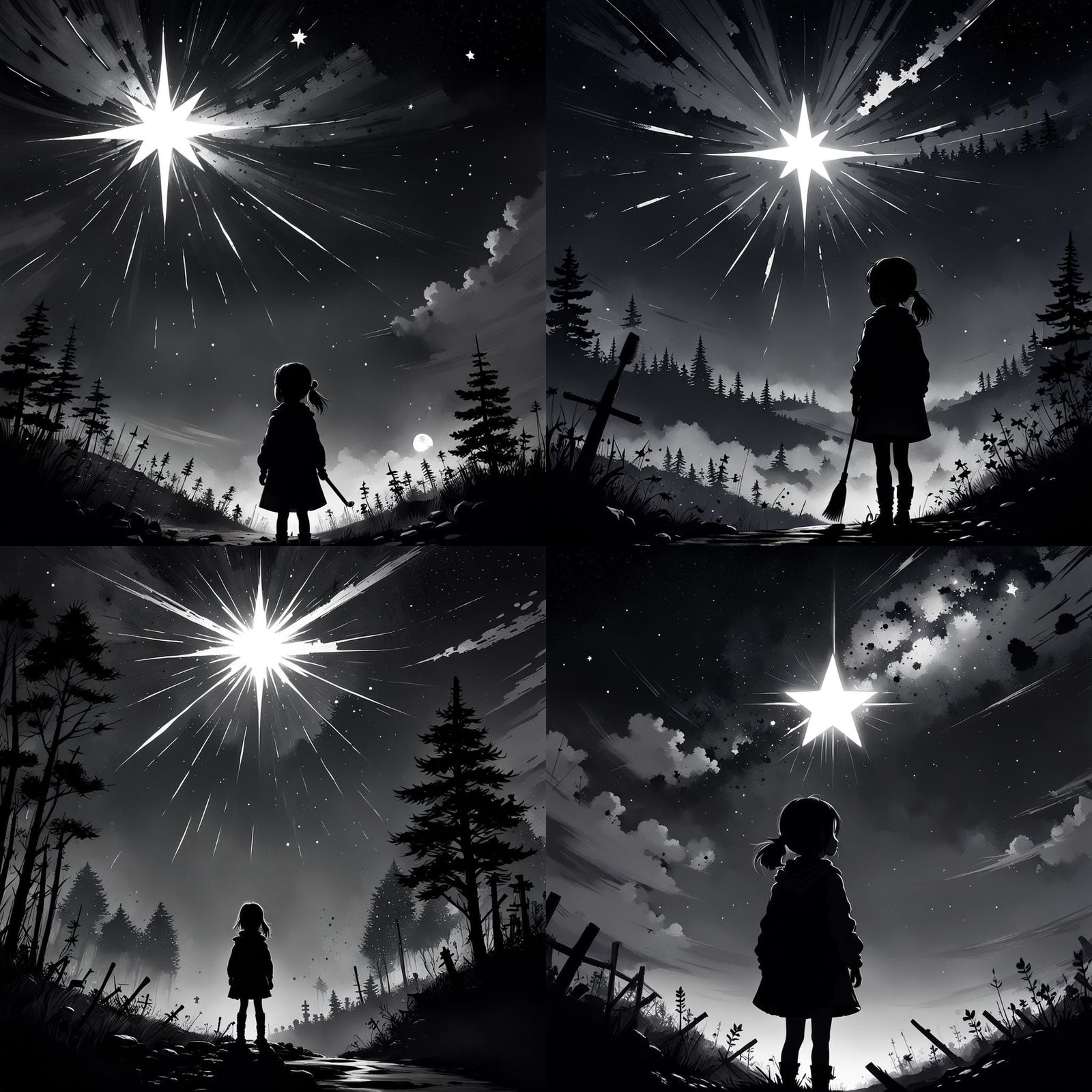 Silhouette of Girl Gazing at Starry Sky in Speedpaint Style