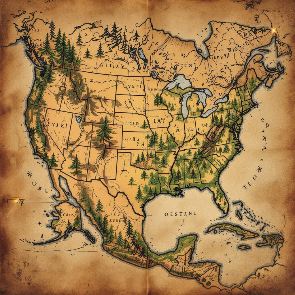 Aged Parchment Map of United States Regions in Painterly Sty...
