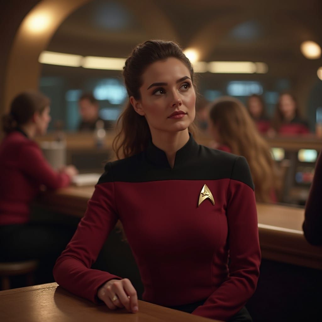Female Star Fleet Officer at a Bar in a Futuristic Setting