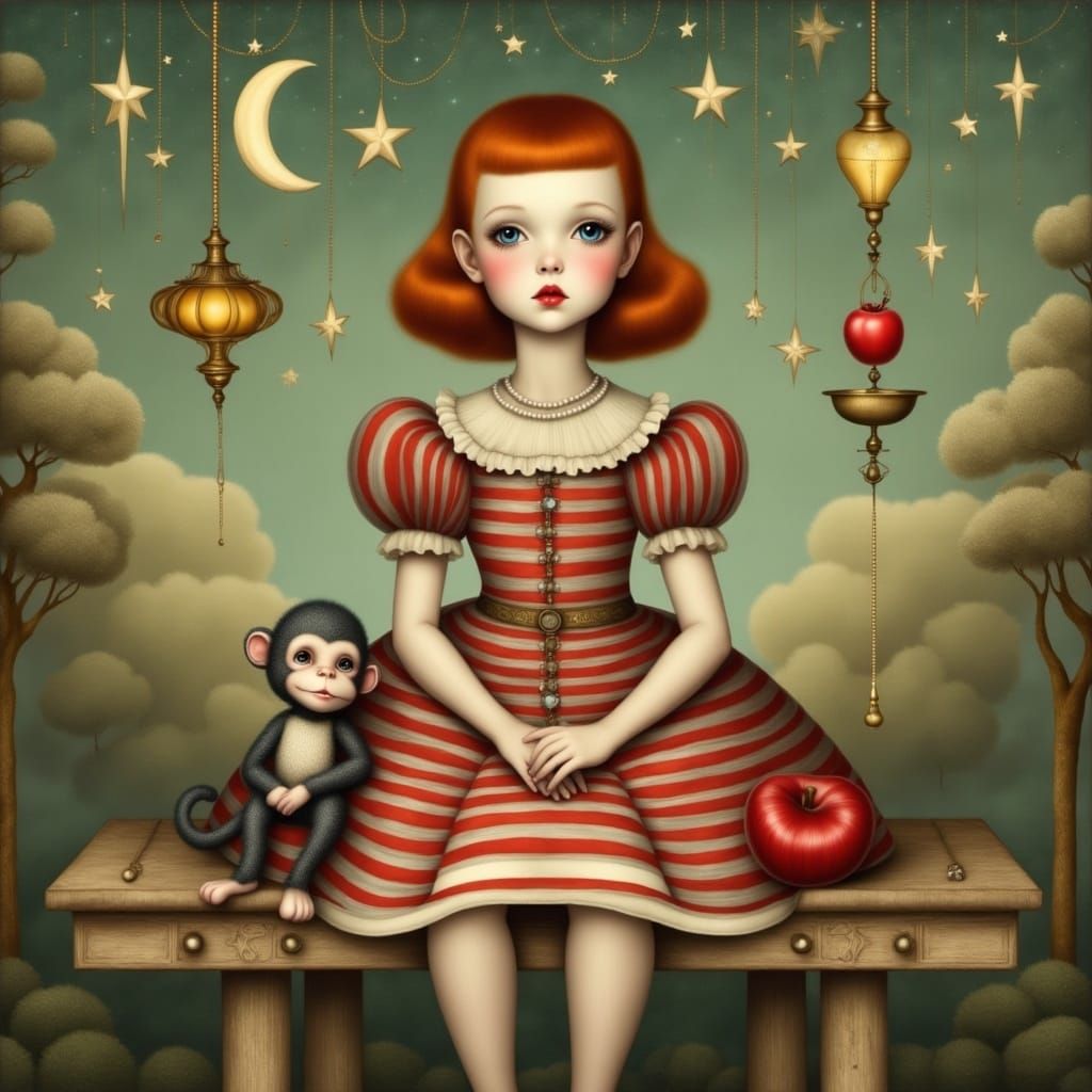 Whimsical Pop Surreal Portrait of a Young Girl with Fiery Re...