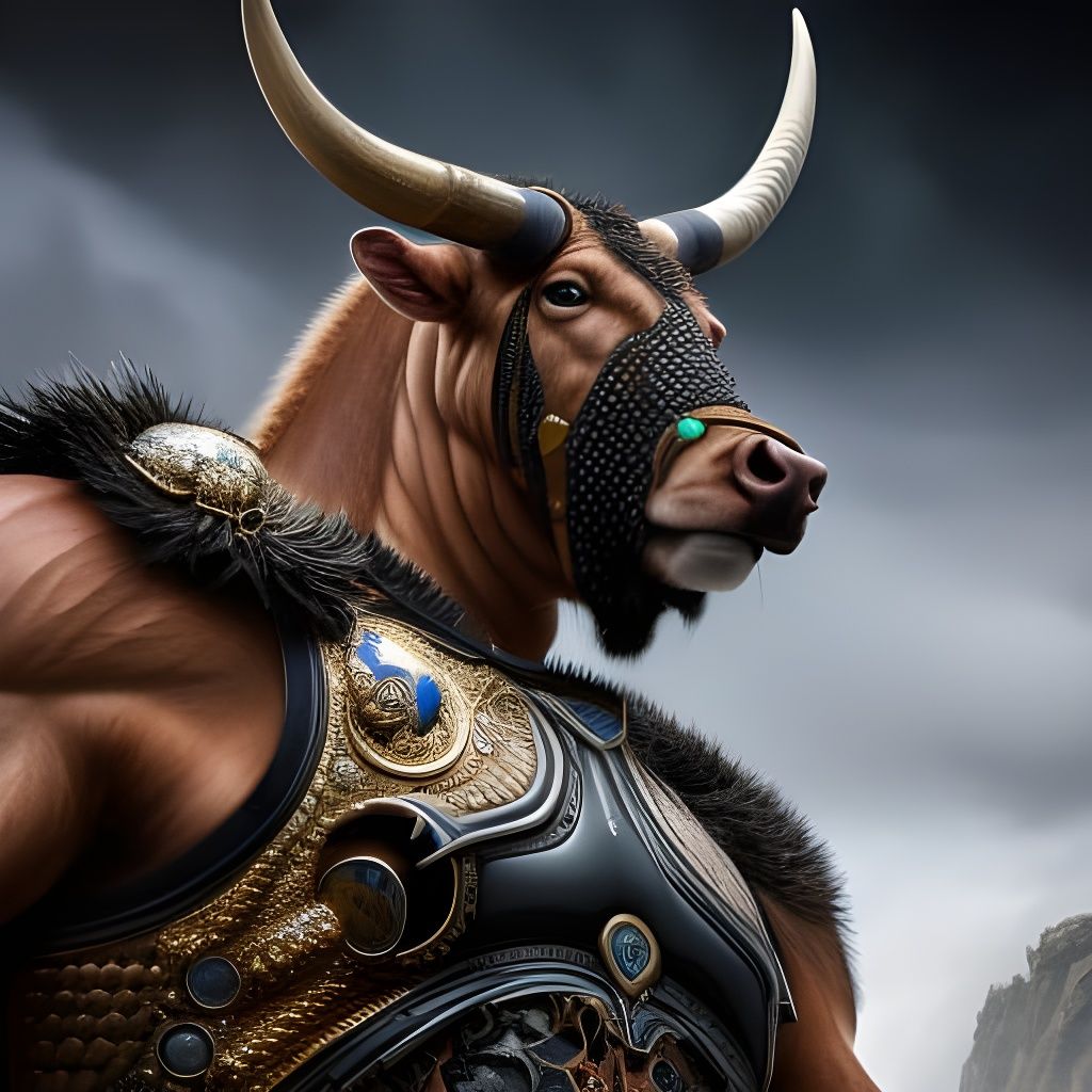 Detailed Minotaur Warrior Portrait in Post-Apocalyptic Style