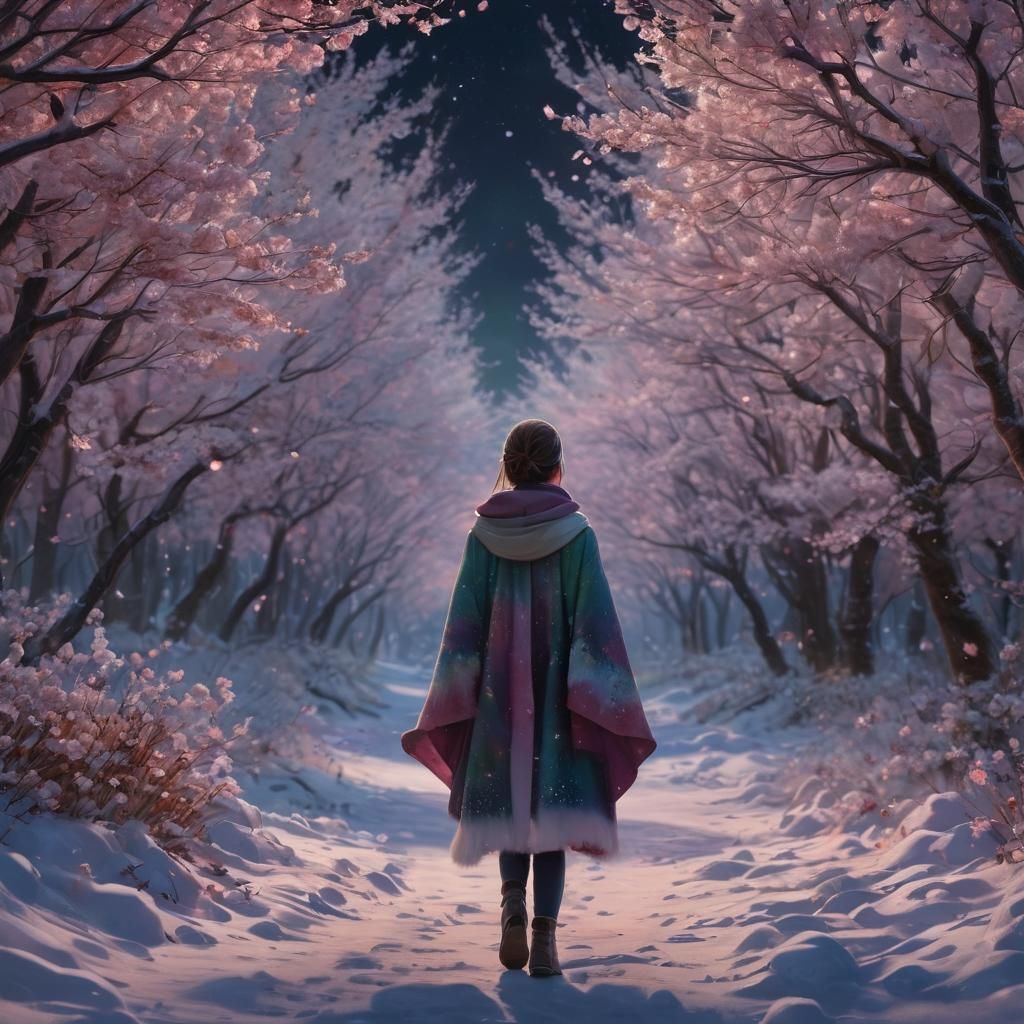 Girl on Snowy Path Under Aurora Borealis