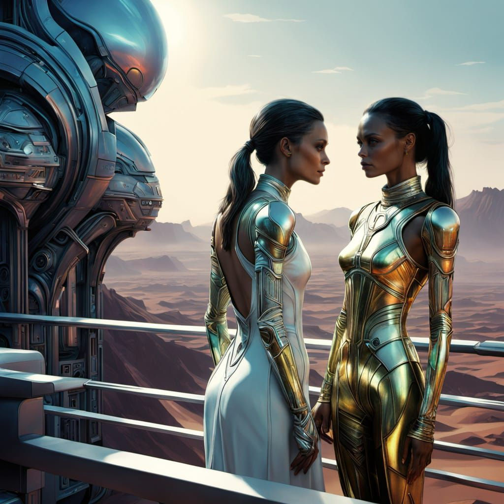 Two Elegant Women Enjoy a Neo Futuristic Desert Cityscape